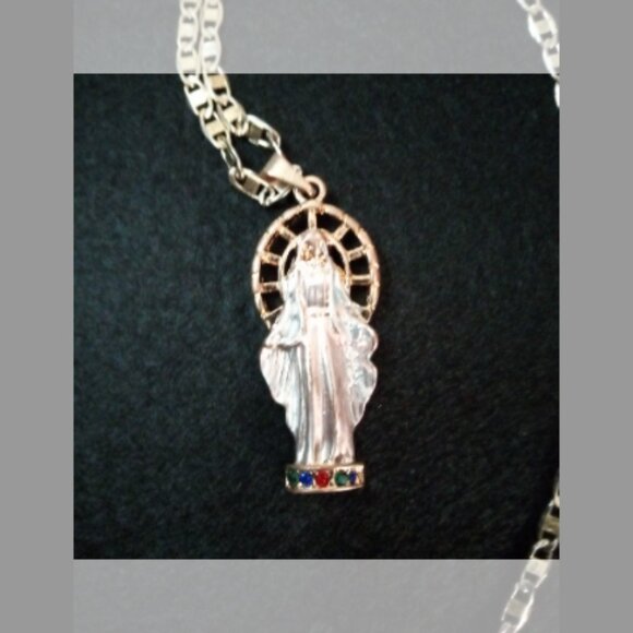 Tri Color Mix Our Lady Of Guadalupe w/ Mix Colored  Stones at her feet necklace - Picture 1 of 8